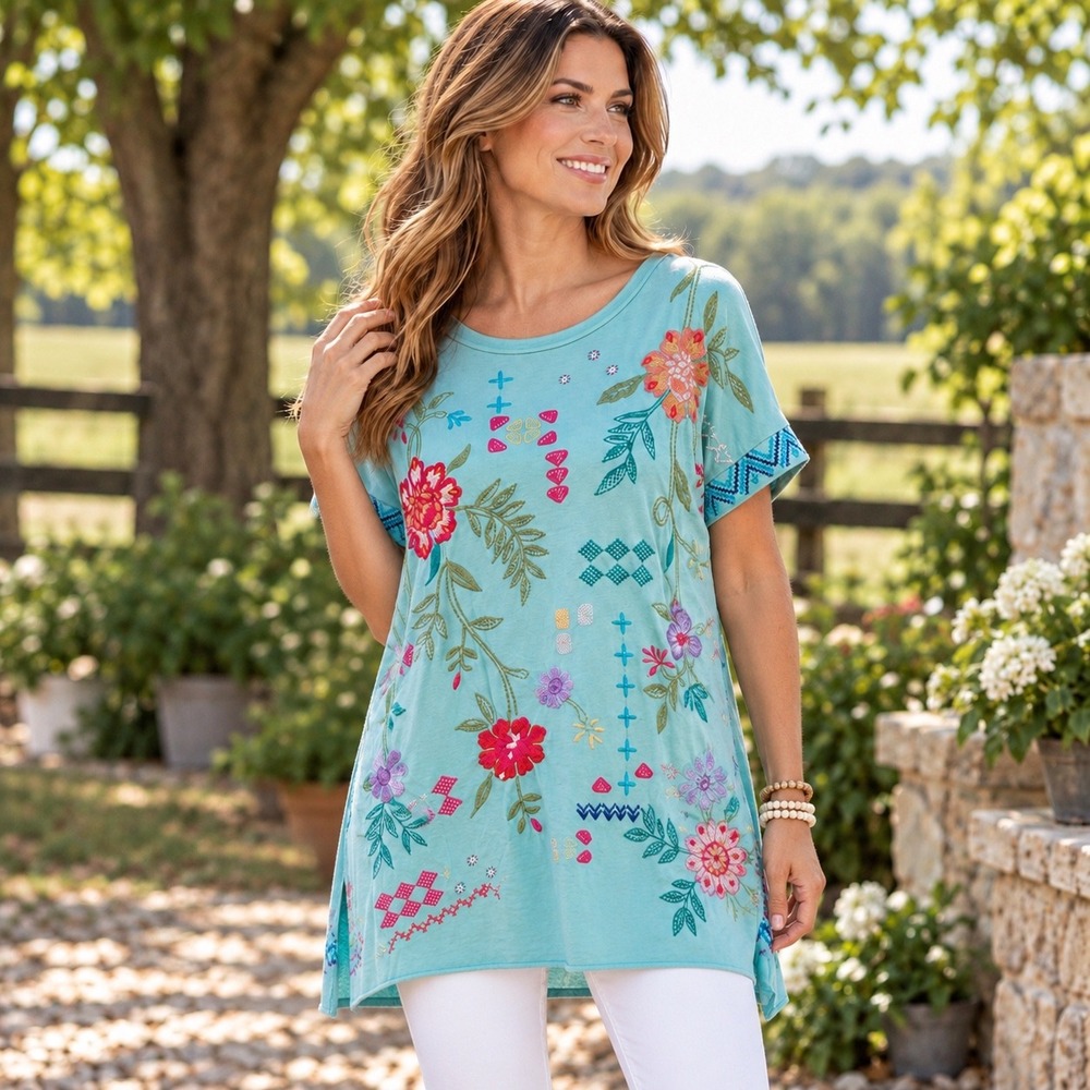 Johnny Was Embroidered Floral Cotton Tee Light Teal Boho Short Sleeve Top Small